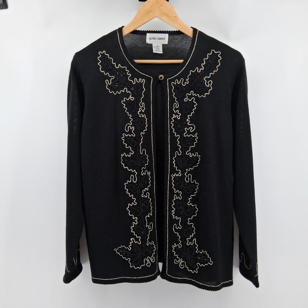 Alfred Dunner Cardigan Sweater‎ Beaded Embroidered Faux Twinset M Wool Blend